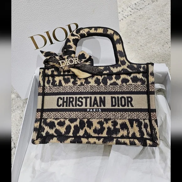 Christian Dior Mini Oblique Leopard Book Tote W/ Twilly And Pin - Picture 1 of 11